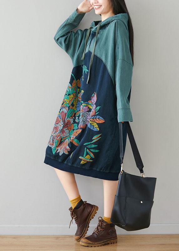 Beautiful Blue Hooded Pockets Drawstring Print Fall Sweatshirts Dress