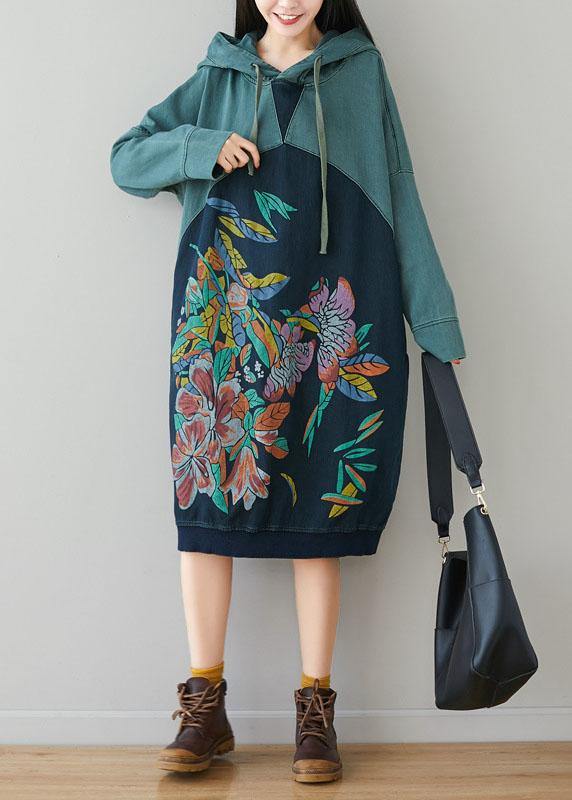 Beautiful Blue Hooded Pockets Drawstring Print Fall Sweatshirts Dress