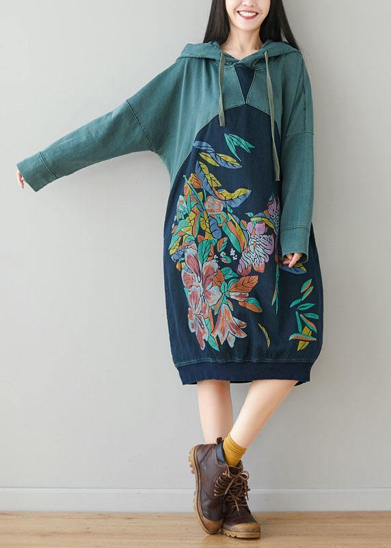 Beautiful Blue Hooded Pockets Drawstring Print Fall Sweatshirts Dress