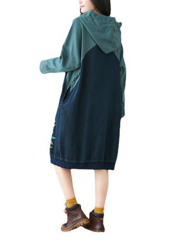 Beautiful Blue Hooded Pockets Drawstring Print Fall Sweatshirts Dress