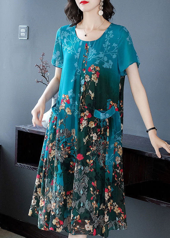 Beautiful Blue O-Neck Pockets Print Chiffon A Line Dress Short Sleeve