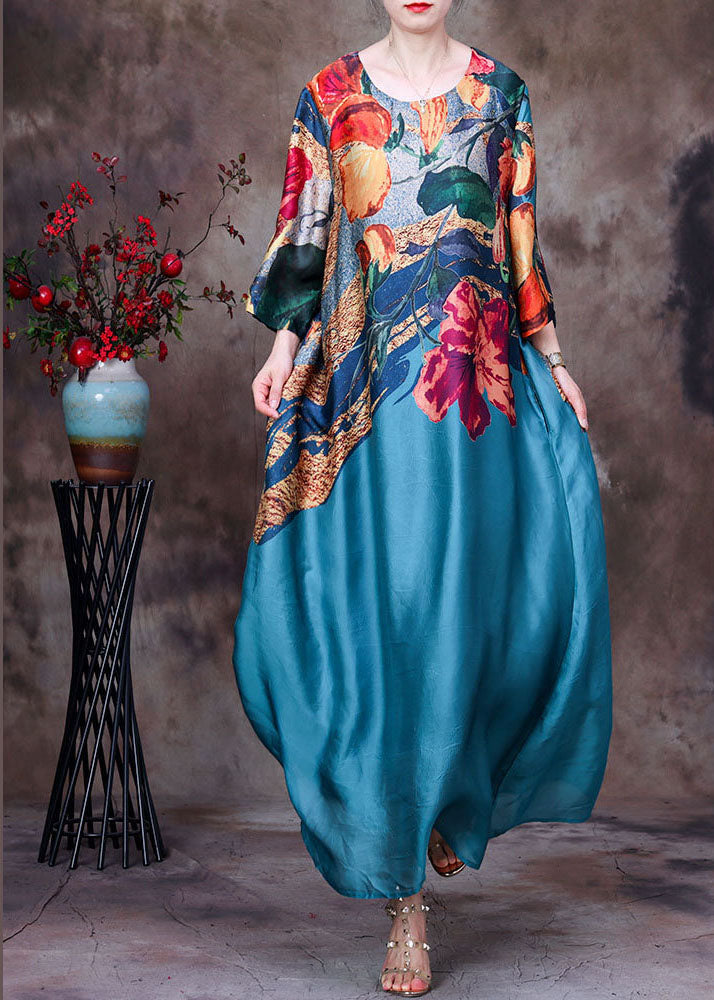 Beautiful Blue O-Neck Print 2025 Silk Long Dress Bracelet Sleeve