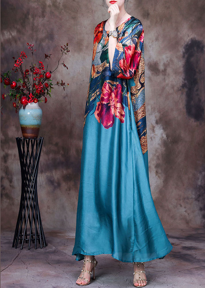 Beautiful Blue O-Neck Print 2025 Silk Long Dress Bracelet Sleeve