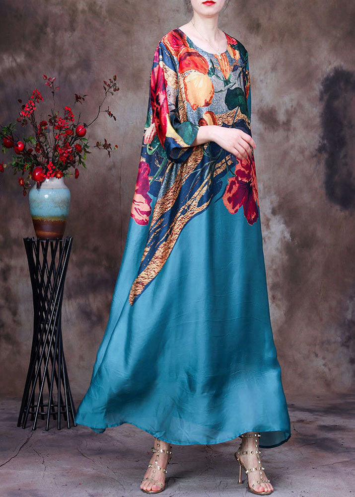 Beautiful Blue O-Neck Print 2025 Silk Long Dress Bracelet Sleeve