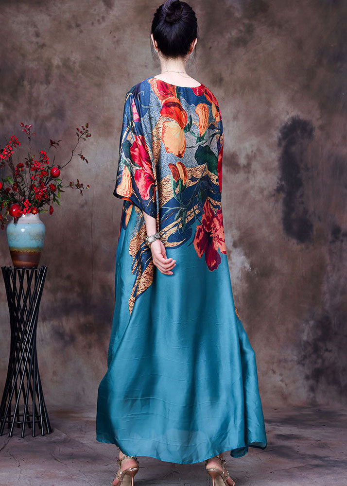 Beautiful Blue O-Neck Print 2025 Silk Long Dress Bracelet Sleeve