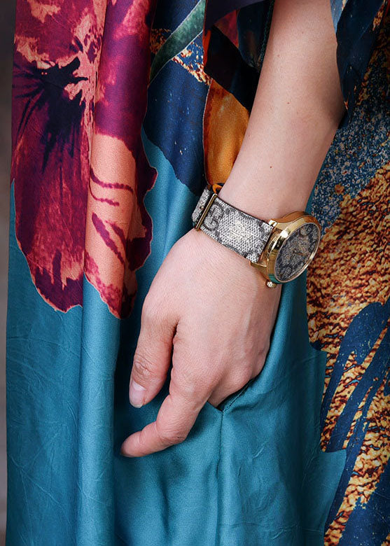 Beautiful Blue O-Neck Print 2025 Silk Long Dress Bracelet Sleeve