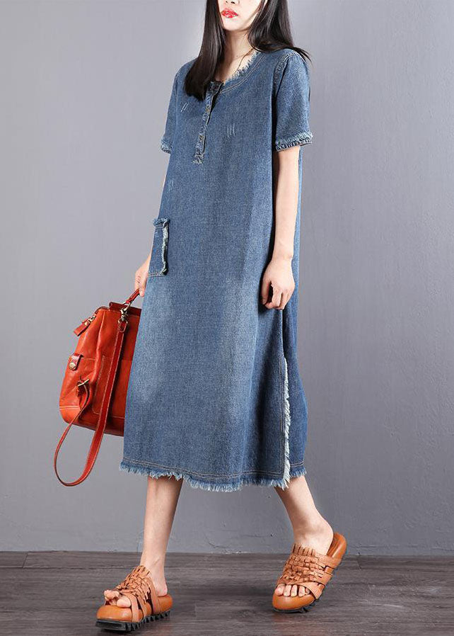 Beautiful Blue Pockets Button Fall Denim Short Sleeve Party Dress