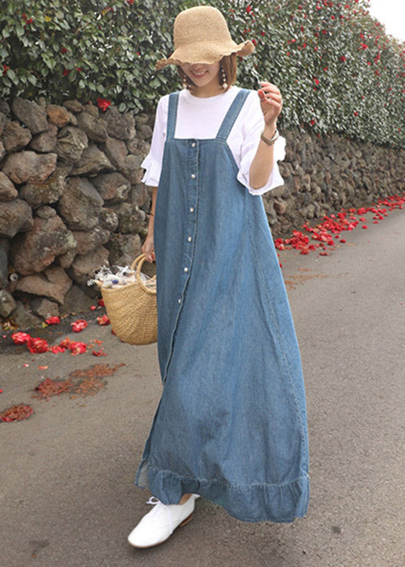 Beautiful Blue Ruffled Button Spaghetti Strap Long Dress Sleeveless