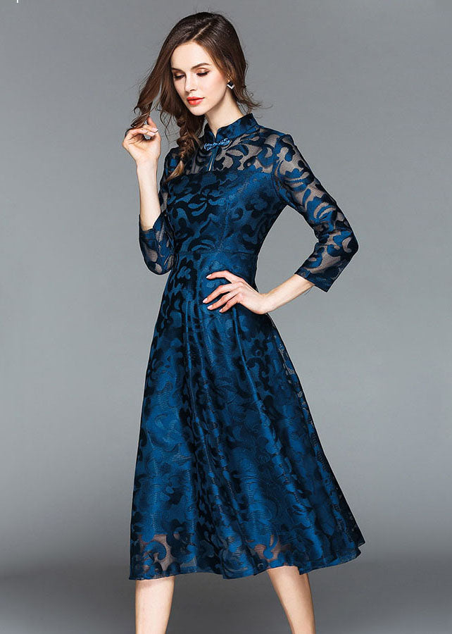 Beautiful Blue Stand Collar Oriental Button Lace Long Dress Fall