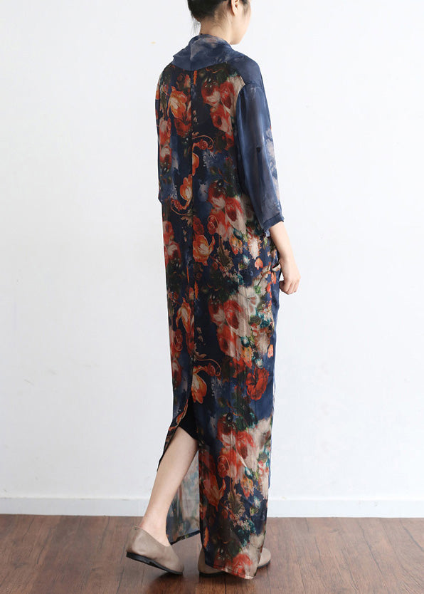 Beautiful Blue V Neck Asymmetrical Print Chiffon Dress Two Pieces Set Half Sleeve