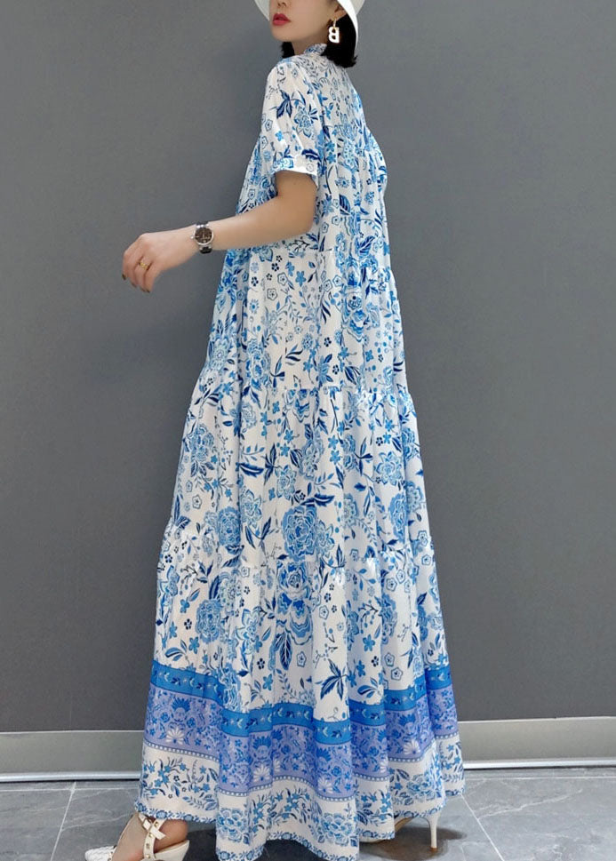 Beautiful Blue wrinkled Chiffon Long Dress Short Sleeve