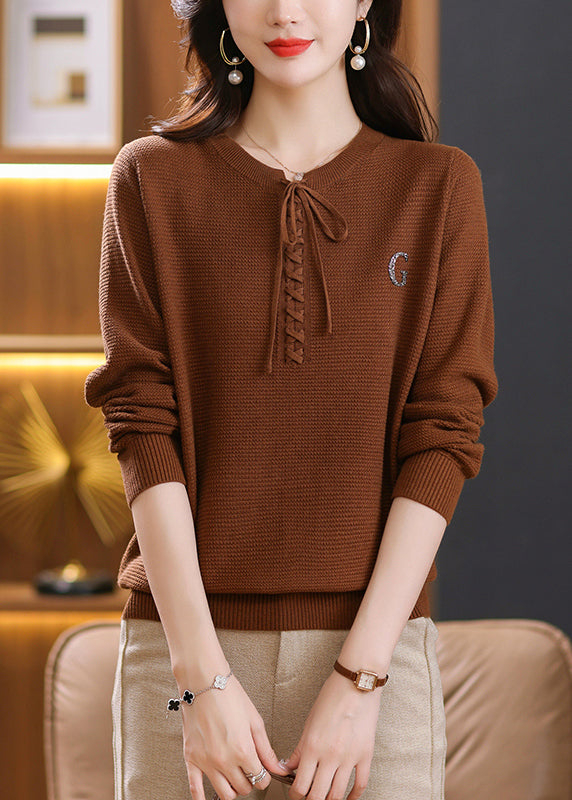 Beautiful Brick Red O Neck Lace Up Knit Short Sweater Spring