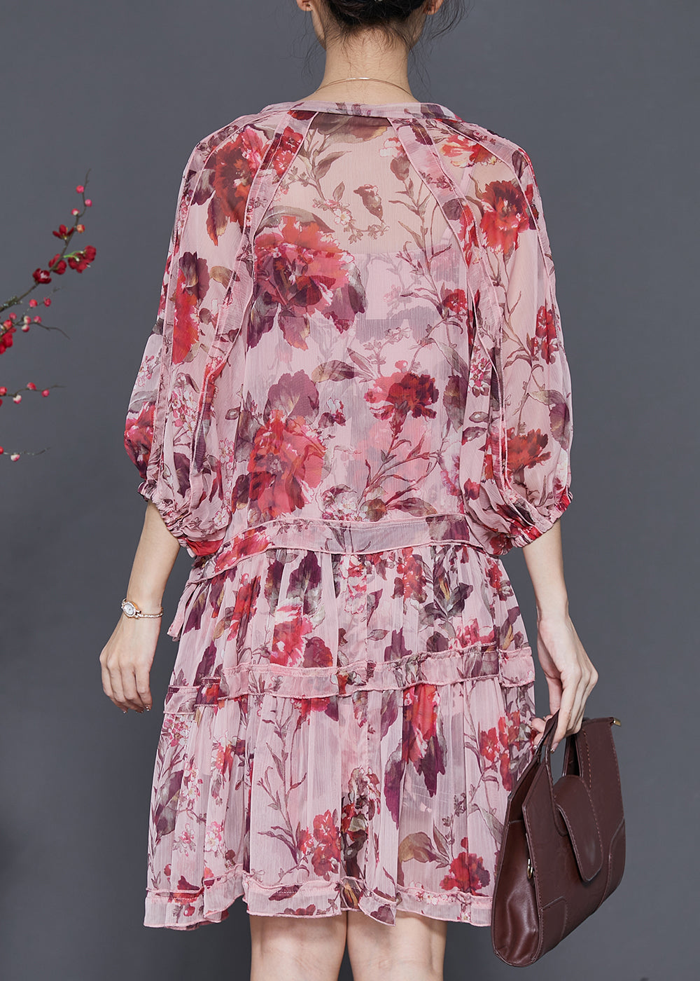 Beautiful Brick Red Print Chiffon Vacation Dress Lantern Sleeve