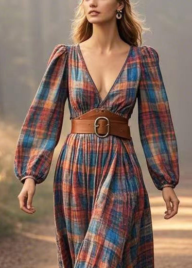 Beautiful Brown Deep-V Neck Plaid Cotton Holiday Dresses Spring