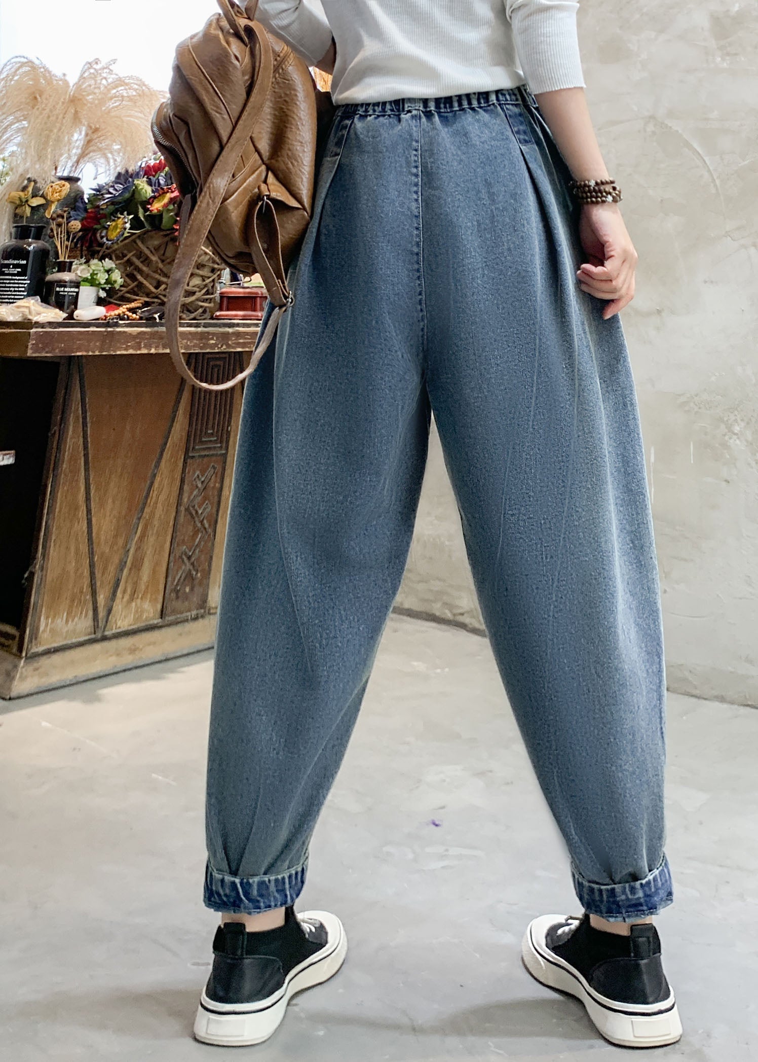 Beautiful Denim Blue Floral Embroideried Elastic Waist Pockets Cotton Harem Pants Summer