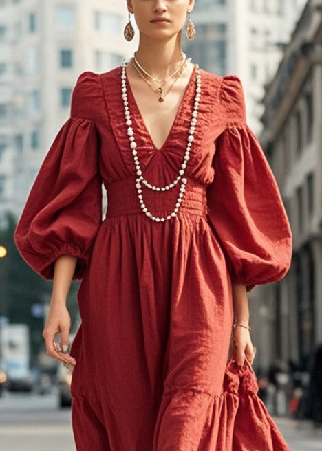 Beautiful Dull Red V Neck Exra Large Hem Silm Fit Dress Lantern Sleeve