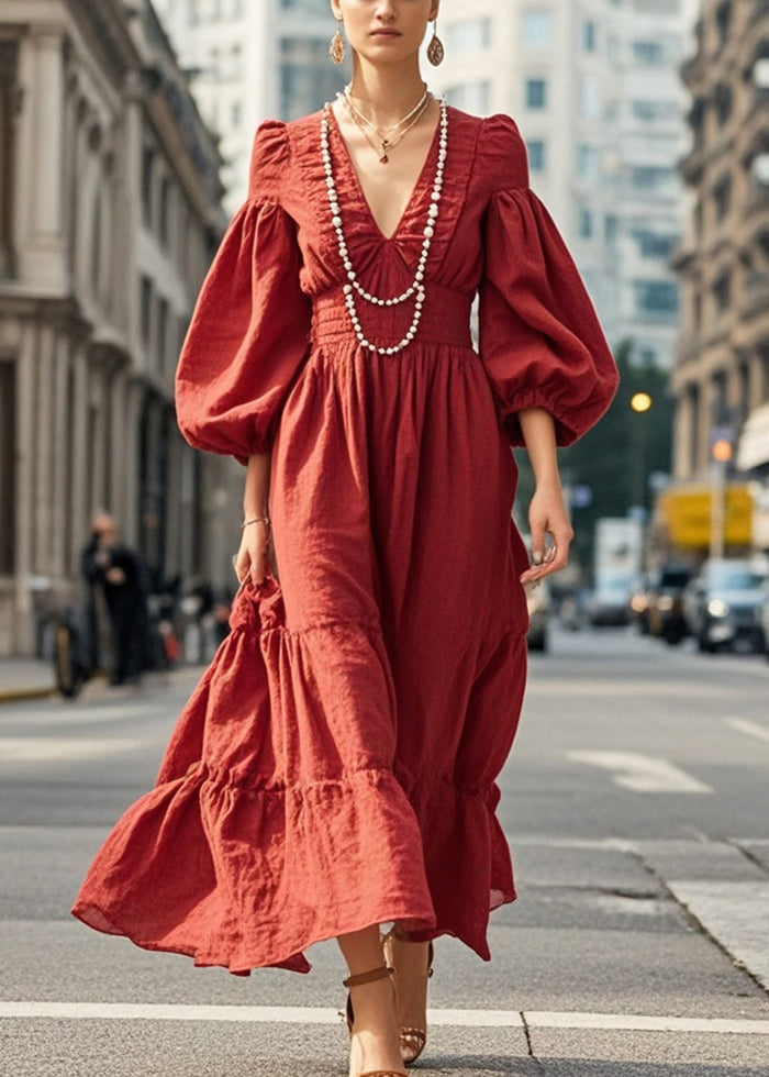 Beautiful Dull Red V Neck Exra Large Hem Silm Fit Dress Lantern Sleeve