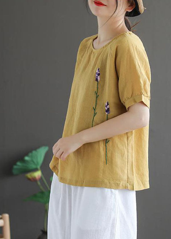 Beautiful Ginger Solid Floral Embroideried Linen Tops Short Sleeve