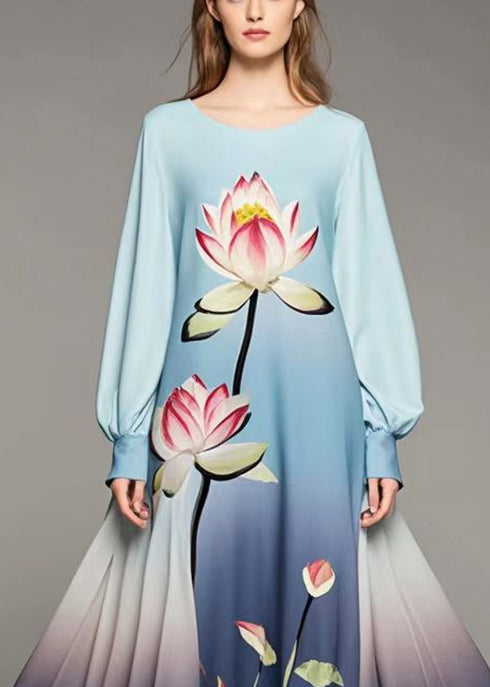 Beautiful Gradient Color Lotus Print Chiffon Dress Spring