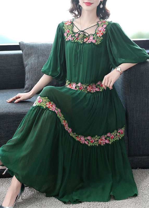 Beautiful Green Embroideried Floral Silk Dress