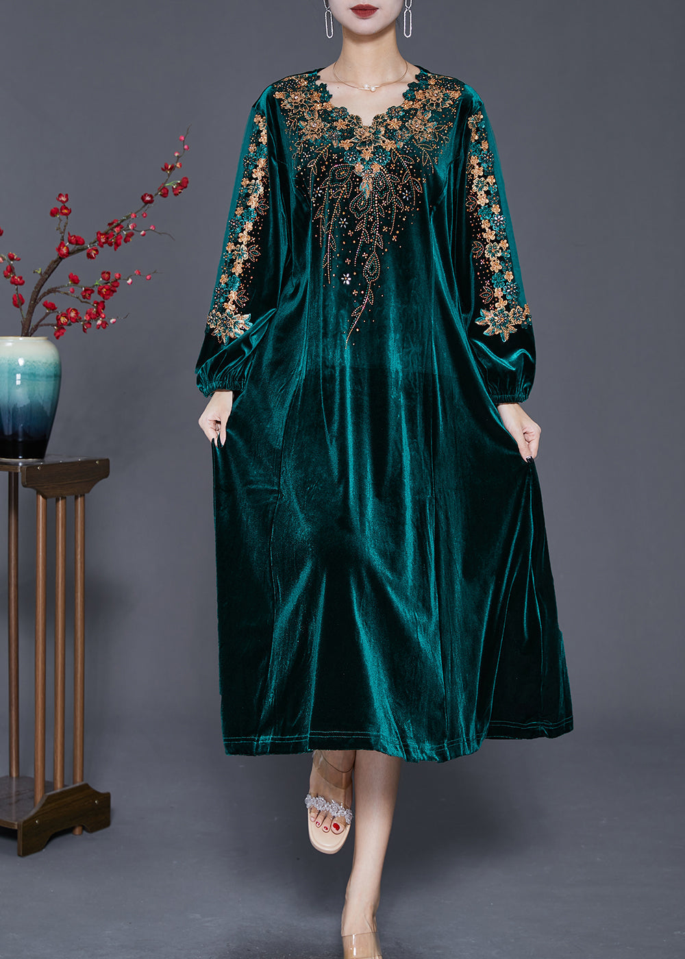 Beautiful Green Embroideried Hollow Out Silk Velour Dress Fall