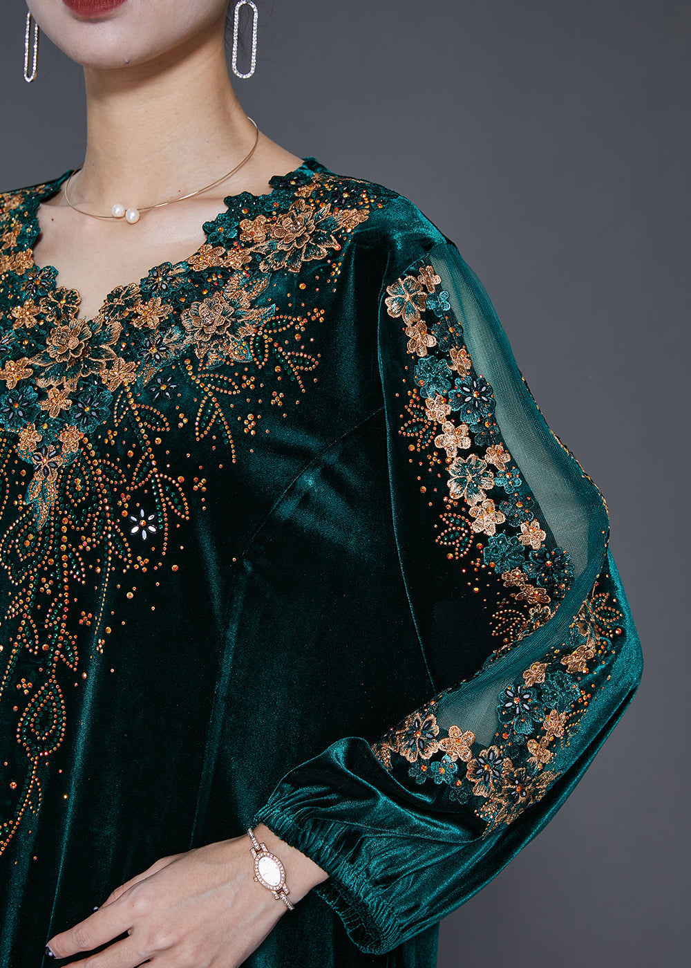 Beautiful Green Embroideried Hollow Out Silk Velour Dress Fall