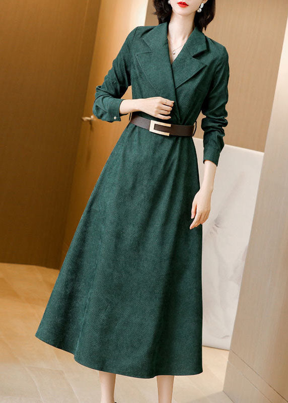 Beautiful Green Notched Collar Sashes Slim Fit Corduroy Maxi Dresses Spring