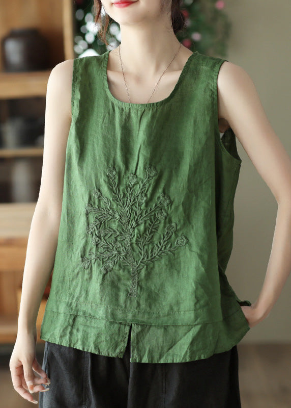 Beautiful Green O-Neck Embroideried Patchwork Side Open Linen Vest Summer