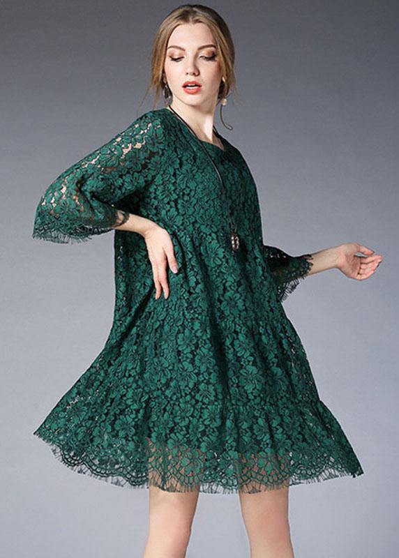 Beautiful Green O-Neck Lace Spring Vacation Dress Half Sleeve