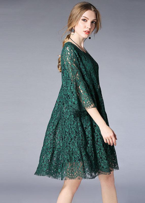 Beautiful Green O-Neck Lace Spring Vacation Dress Half Sleeve