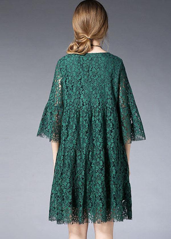 Beautiful Green O-Neck Lace Spring Vacation Dress Half Sleeve