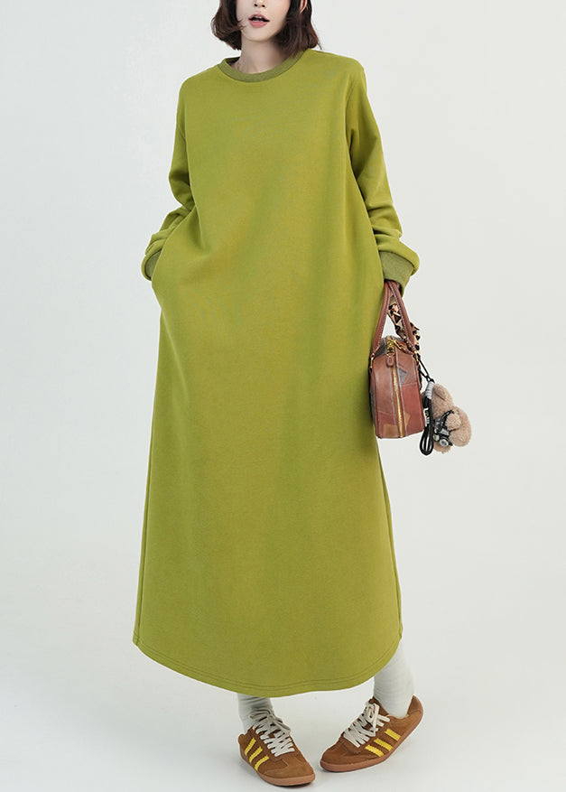 Beautiful Green O Neck Long Cotton Straight Dress Spring