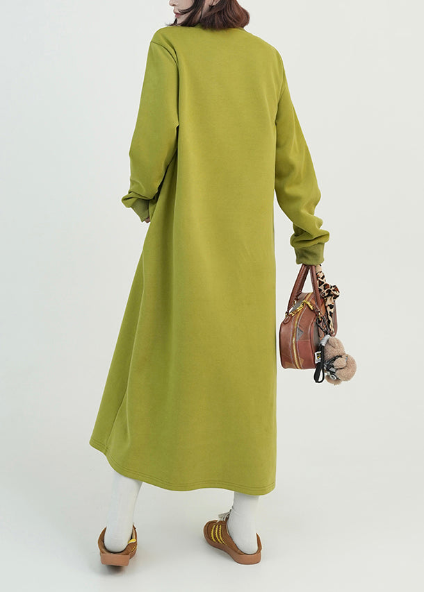 Beautiful Green O Neck Long Cotton Straight Dress Spring