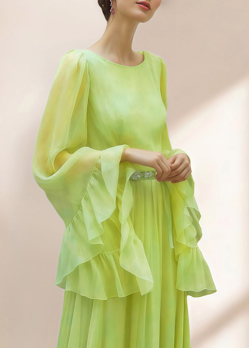 Beautiful Green Ruffled Patchwork Silk Dresses Spring