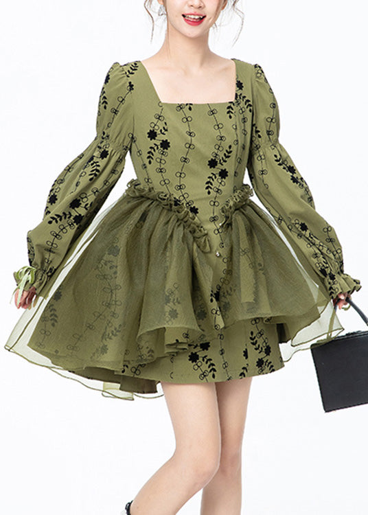 Beautiful Green Square Collar Print Tulle Patchwork Mid Dresses Long Sleeve