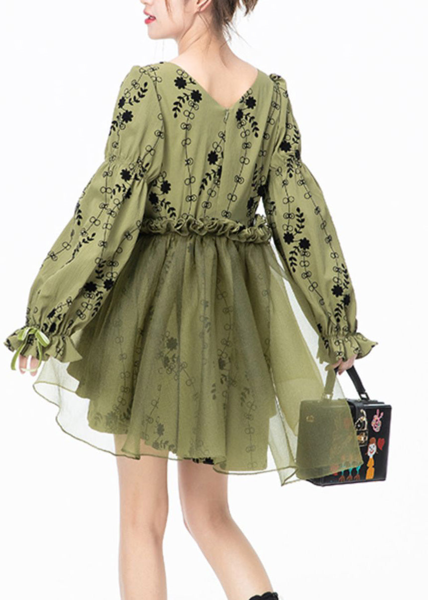 Beautiful Green Square Collar Print Tulle Patchwork Mid Dresses Long Sleeve