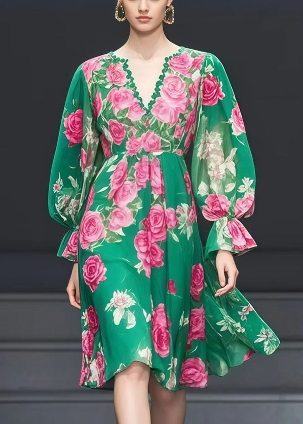 Beautiful Green V Neck Floral Print Chiffon Tea Dress Fall