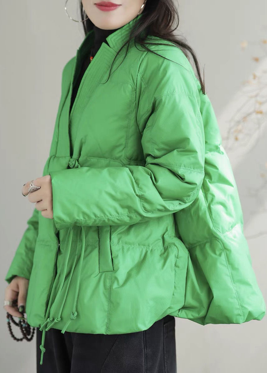 Beautiful Green V Neck Pockets Duck Down Jackets Winter