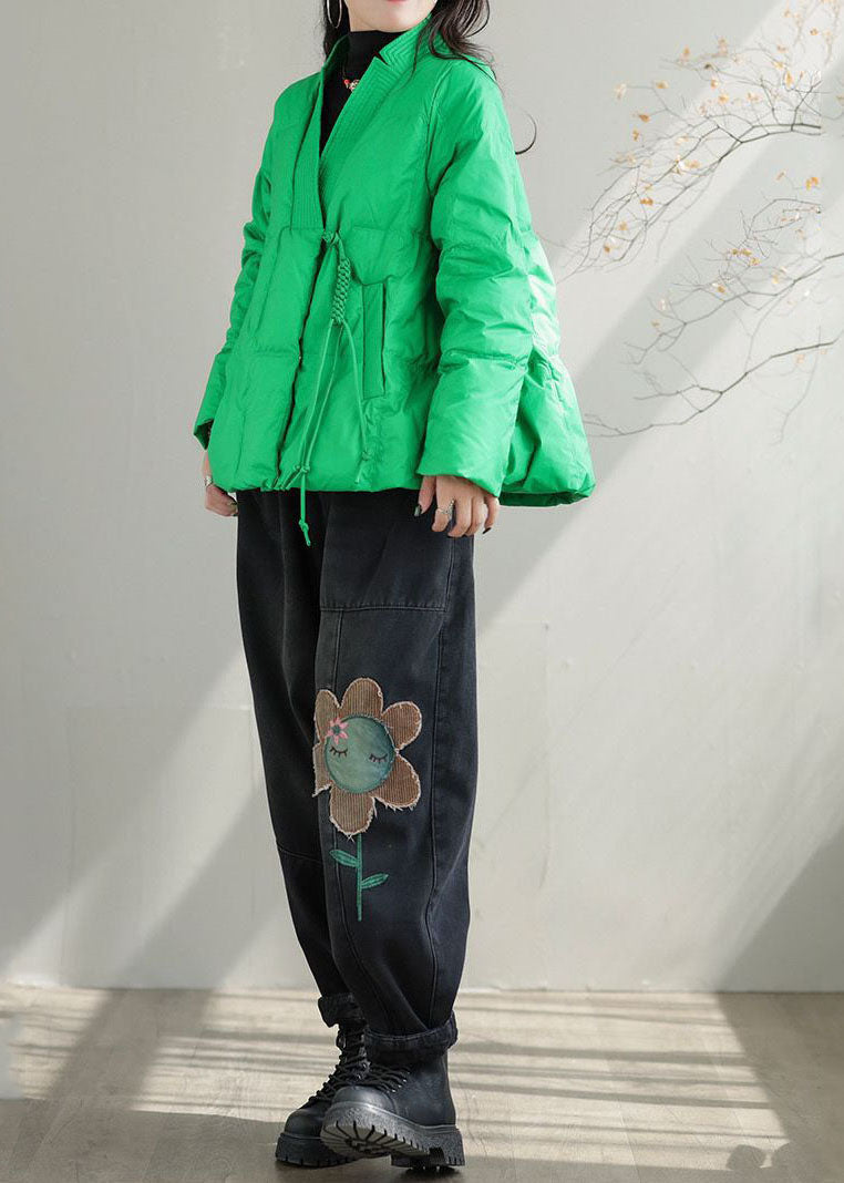 Beautiful Green V Neck Pockets Duck Down Jackets Winter