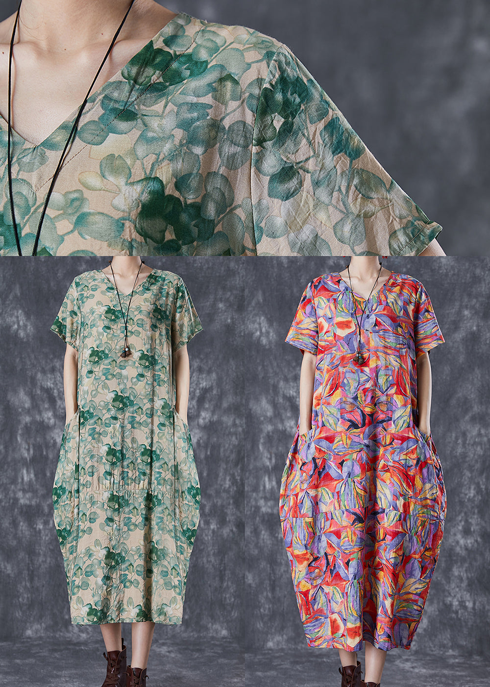 Beautiful Green V Neck Print Linen Robe Dresses Summer