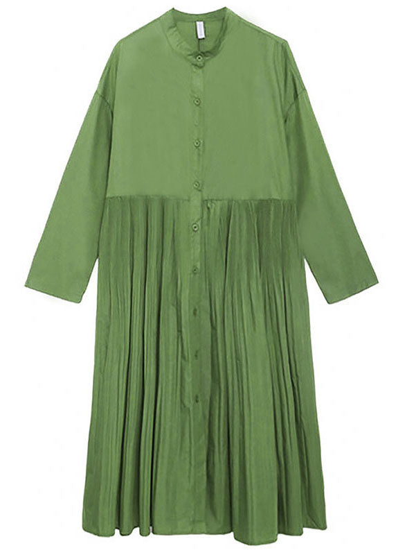 Beautiful Green wrinkled Pockets Button Fall Long sleeve Dress