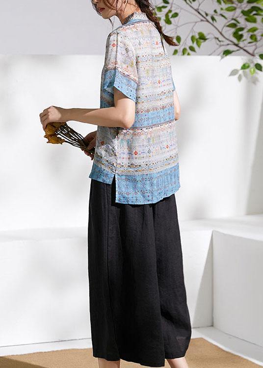 Beautiful Grey Blue Print Chinese Style Summer Ramie Short Sleeve Shirts