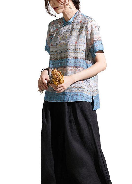 Beautiful Grey Blue Print Chinese Style Summer Ramie Short Sleeve Shirts