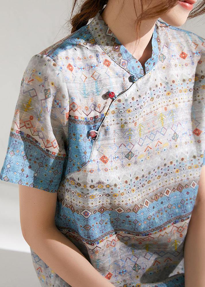 Beautiful Grey Blue Print Chinese Style Summer Ramie Short Sleeve Shirts