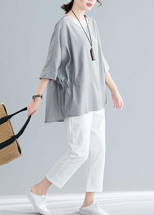 Beautiful Grey Cinched Cotton Blouse Tops Summer