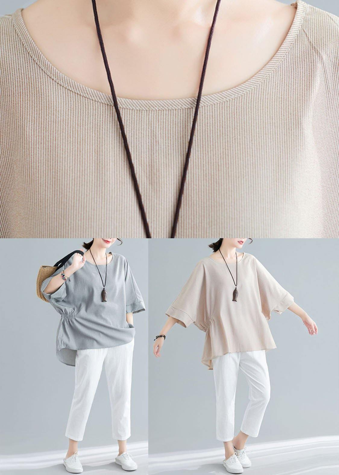 Beautiful Grey Cinched Cotton Blouse Tops Summer