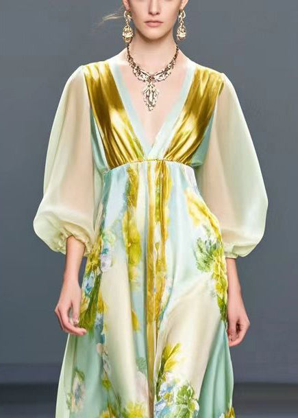 Beautiful Light Green V Neck Print Silk Holiday Dress Spring