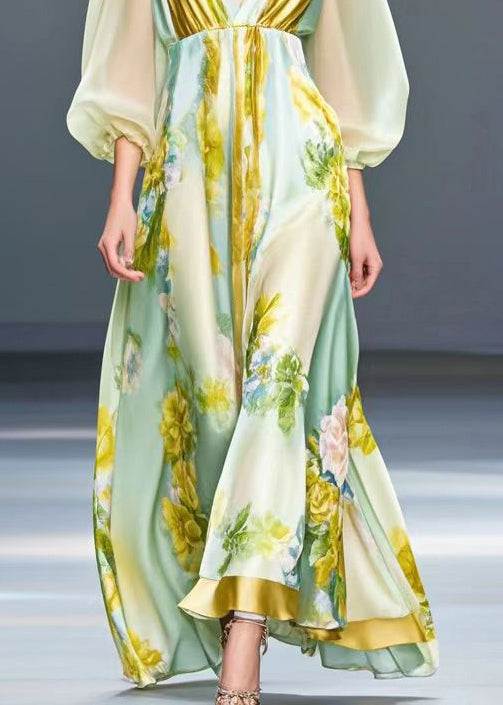 Beautiful Light Green V Neck Print Silk Holiday Dress Spring