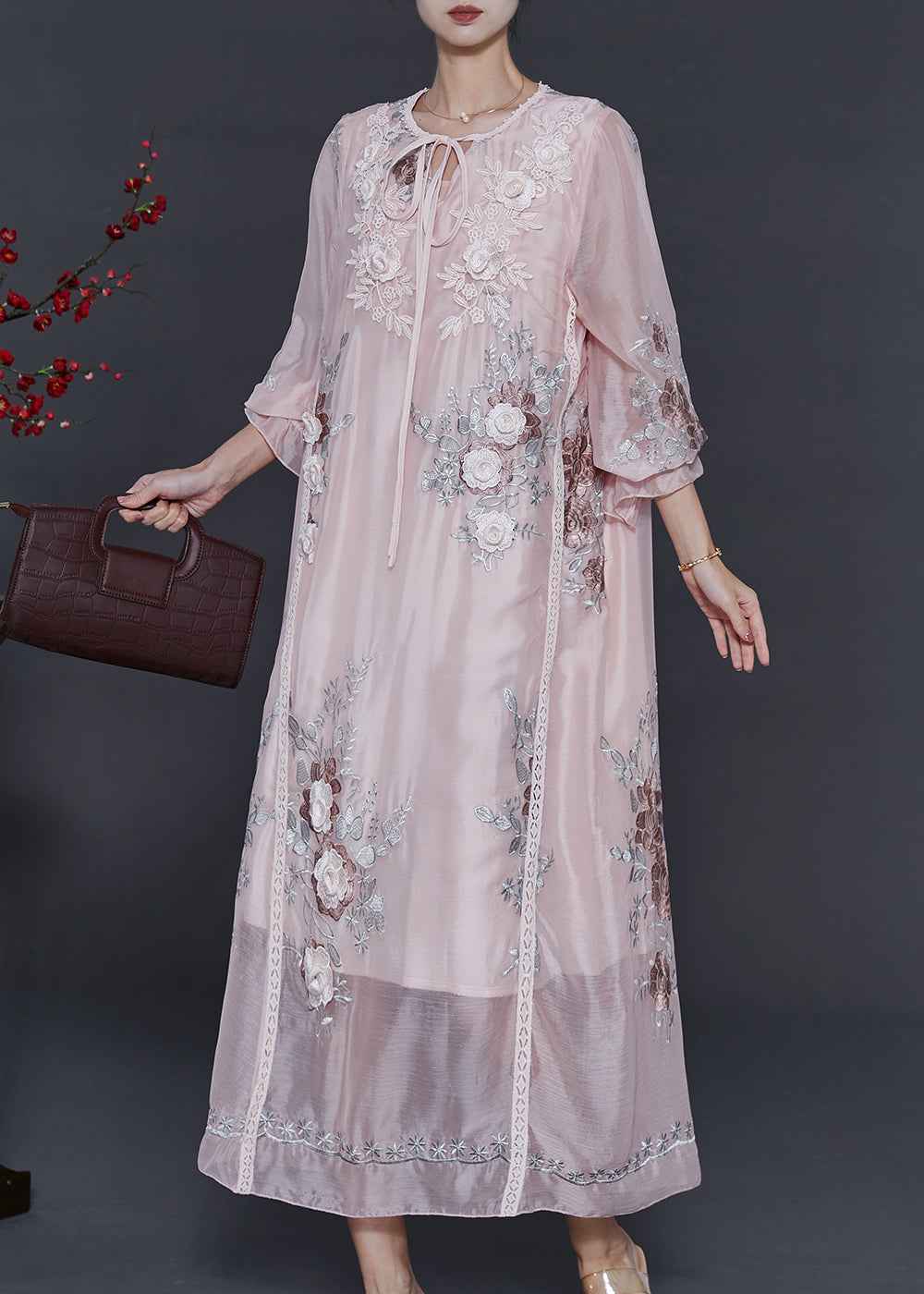 Beautiful Light Pink Embroidered Silk Holiday Dress Spring