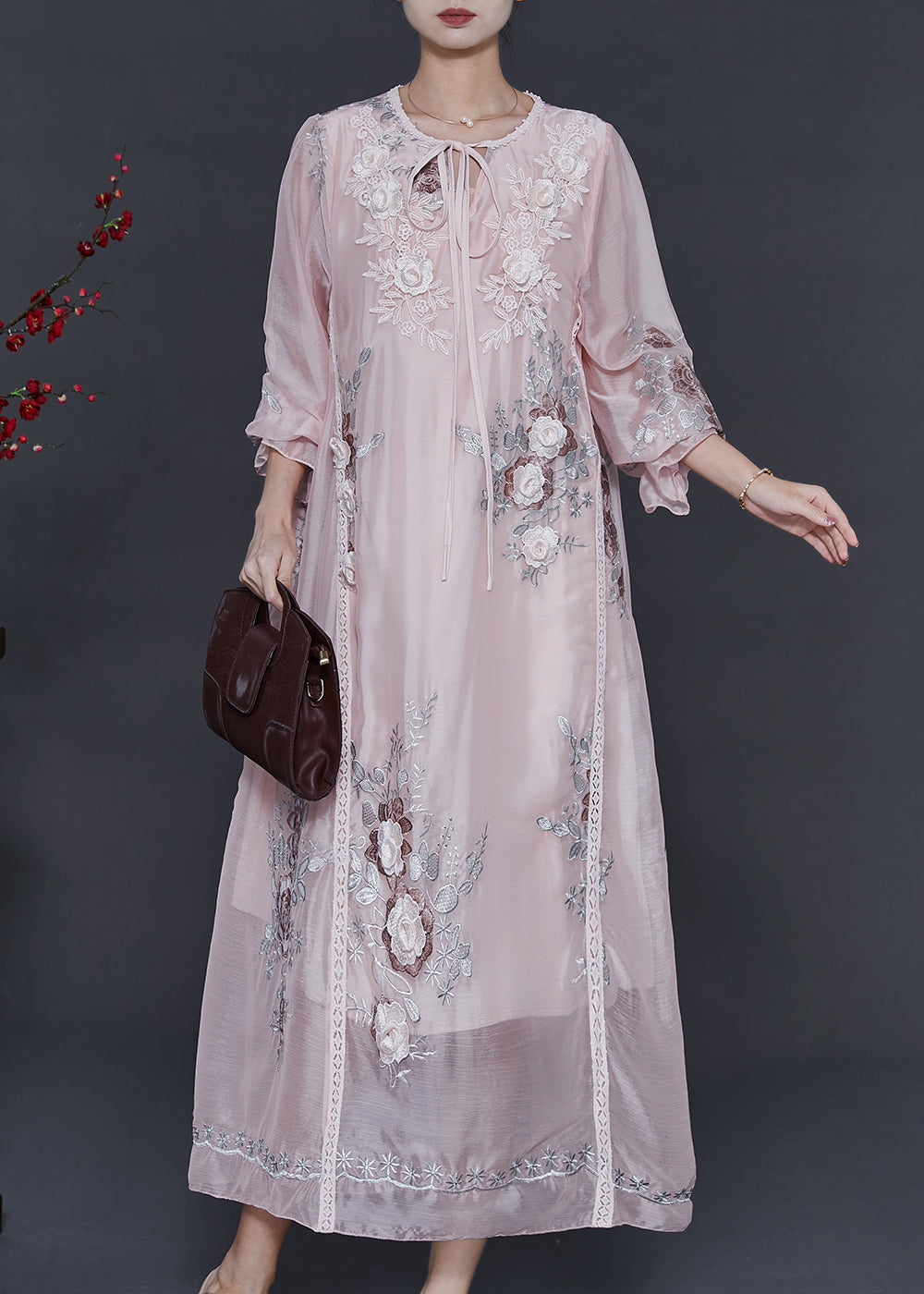 Beautiful Light Pink Embroidered Silk Holiday Dress Spring